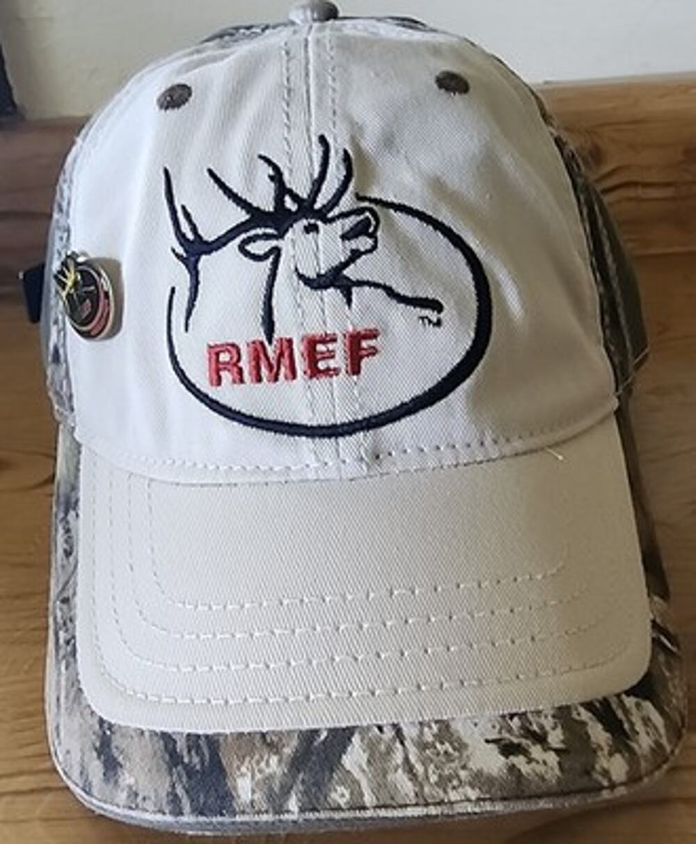 RMEF Committee Hat Men's Adjustable Beige Camo Olive Green Elk Logo & Two Pins